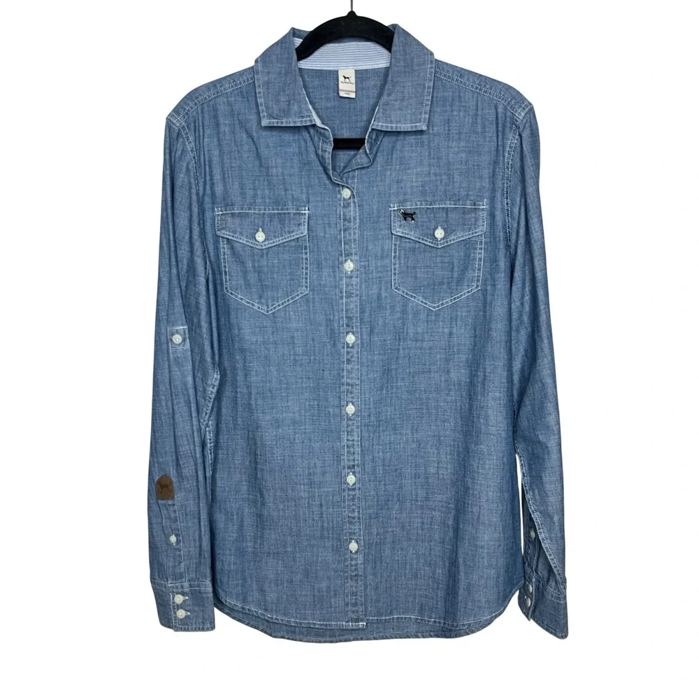 The Black Dog Mens Large Blue Chambray Button‎ Down Shirt Long Sleeve Casual